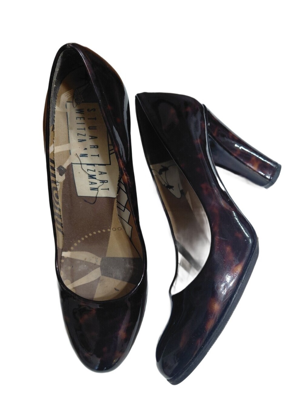 Stuart Weitzman Tortoiseshell Patent Leather Tall Block Heel Size 6 Pumps
